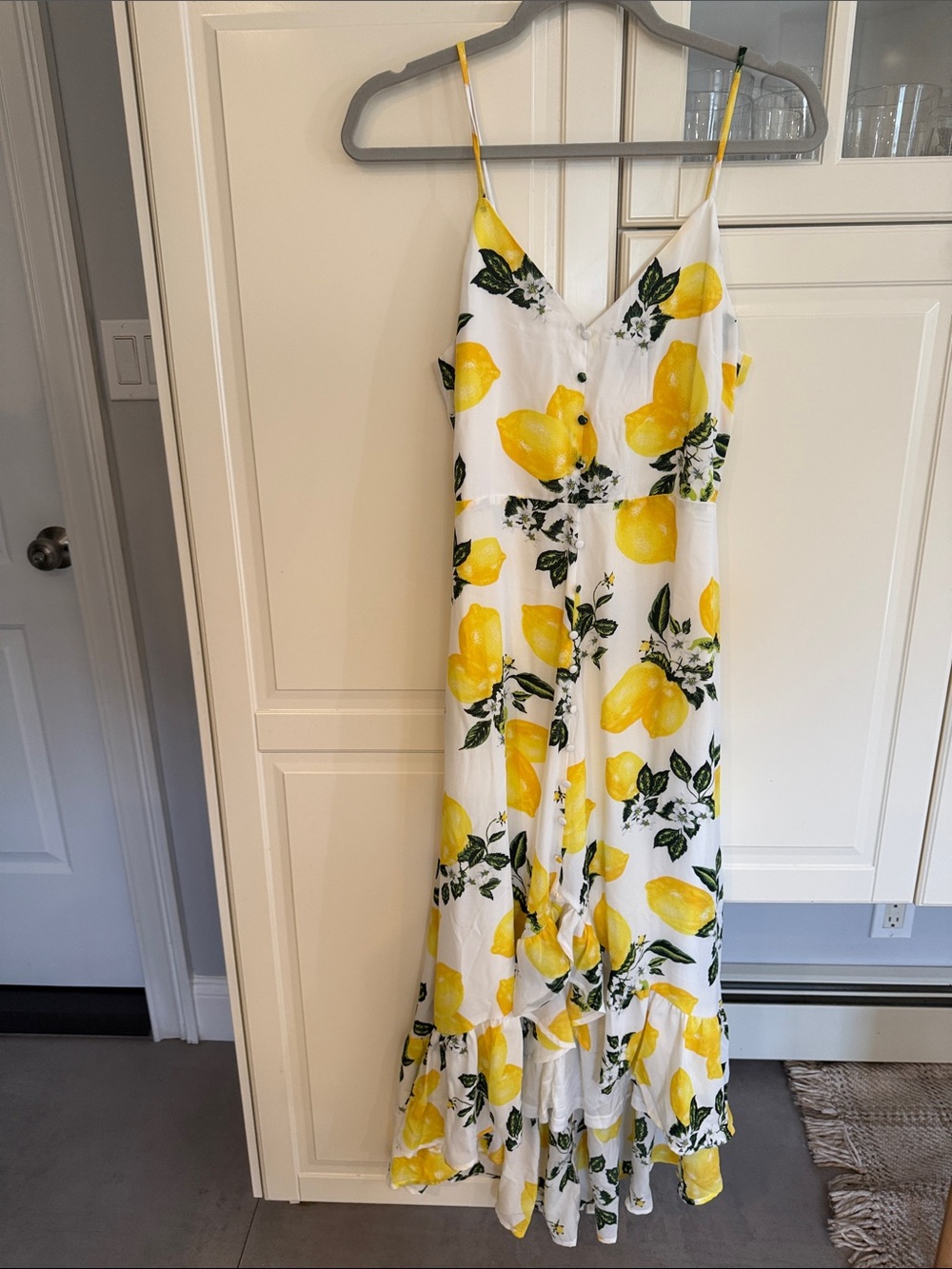 White Lemon Print Maxi Dress with Spaghetti Straps